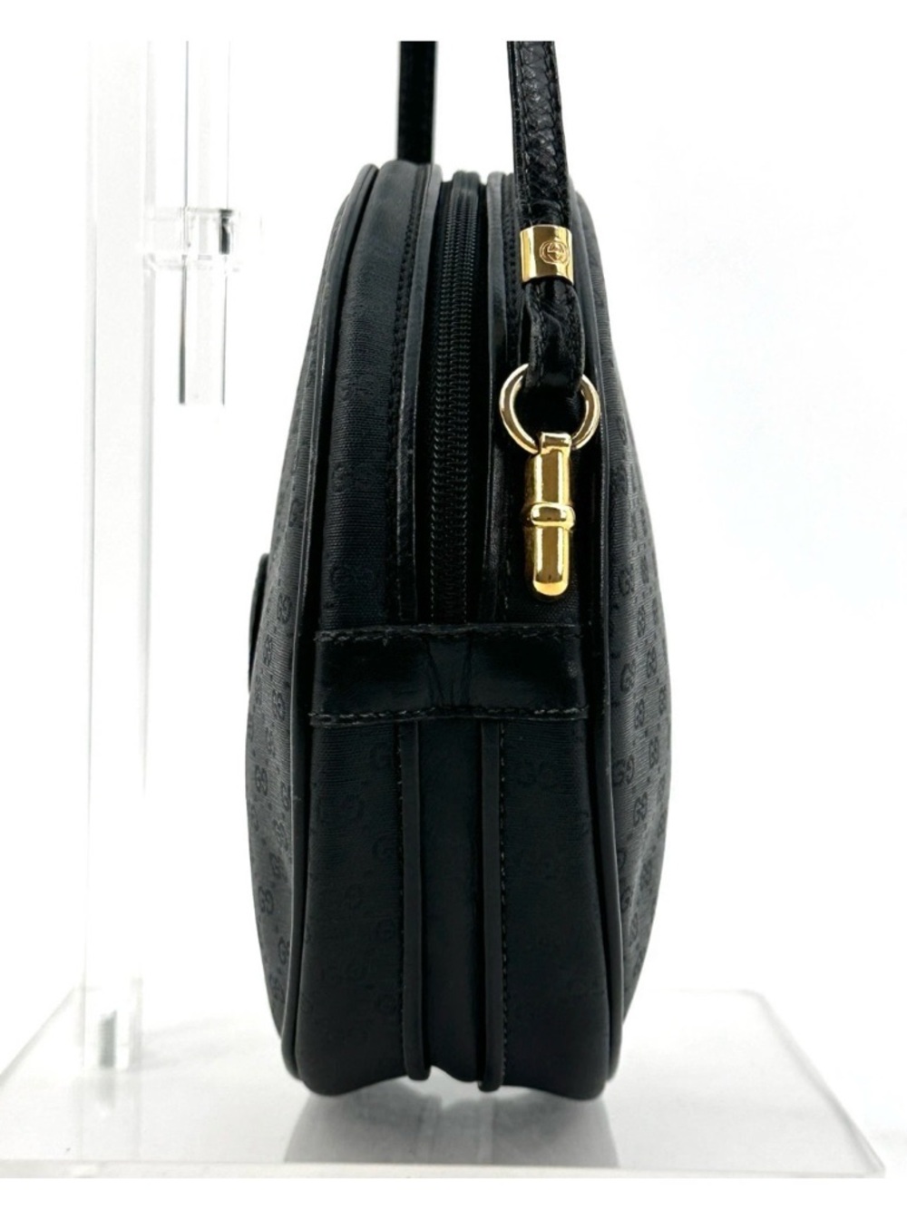 Gucci Vintage Black GG Monogram Round Crossbody Bag PVC Leather Gold Hardware - Picture 4 of 16